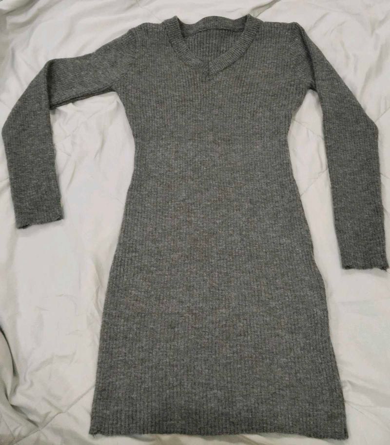 Grey Ribbed V-Neck Sweater Dress