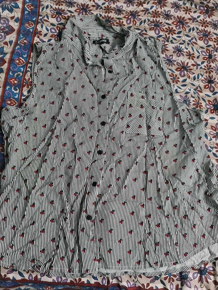 Striped floral print button-up shirt
