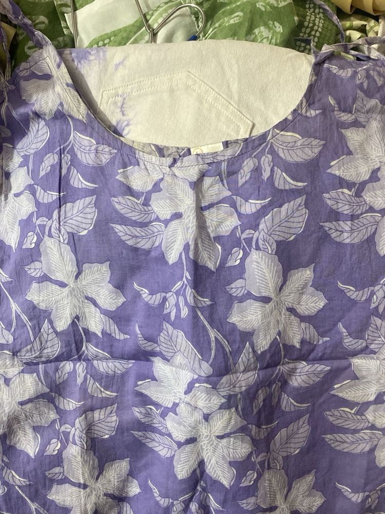 Pretty Purple Floral cotton short kurti with jeans