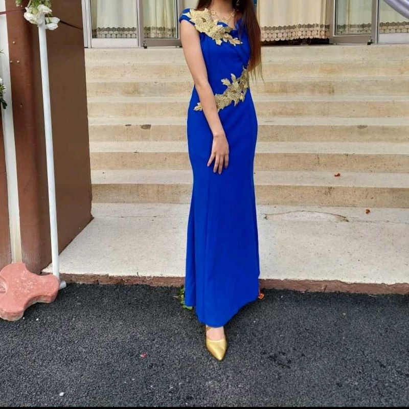 Elegant Blue &amp; Gold Occasion Dress