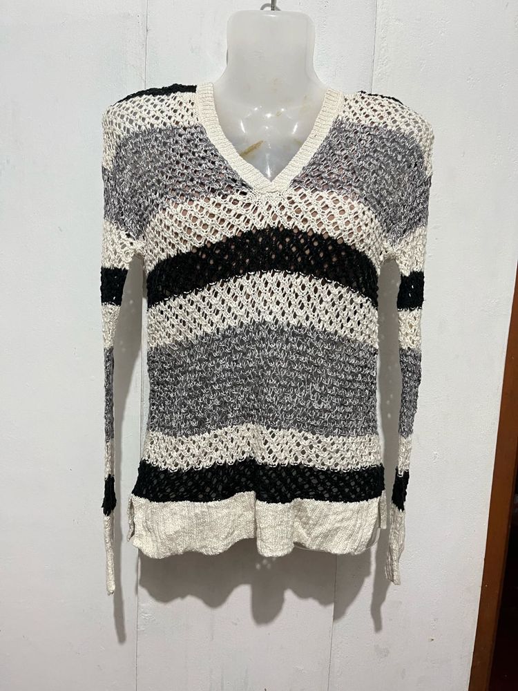 Striped Crochet Knit V-Neck Sweater