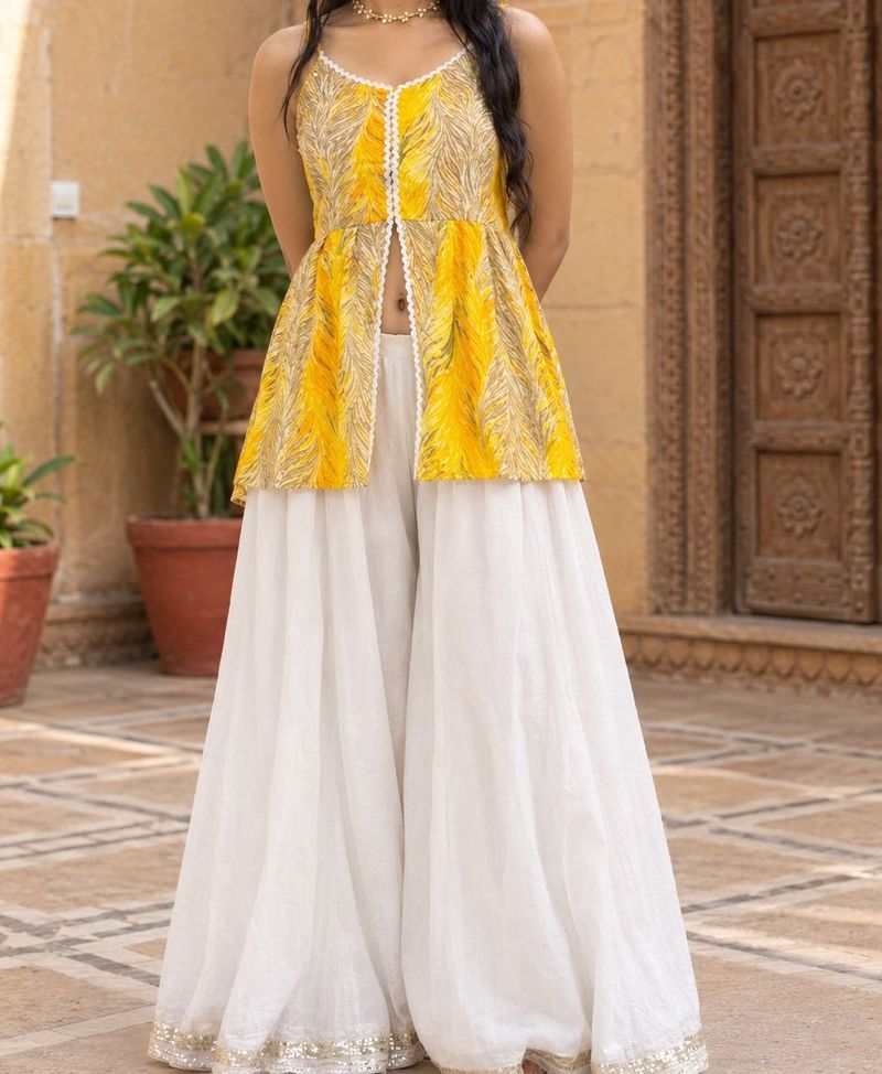 Yellow Leaf Print Kurta with White cotton Palazzo