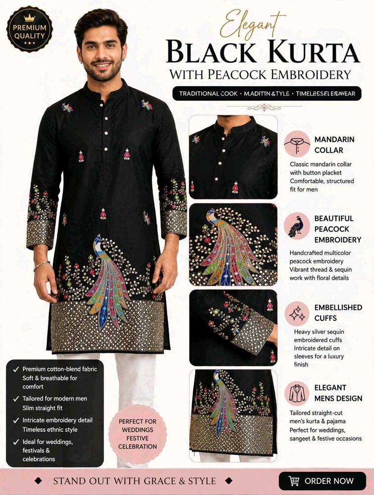 Elegant Black Kurta with Peacock Embroidery
