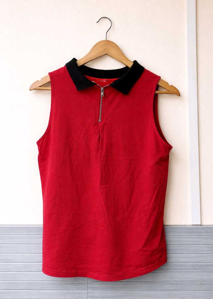 Sleeveless Red Collared Zip-Up Top (Women)