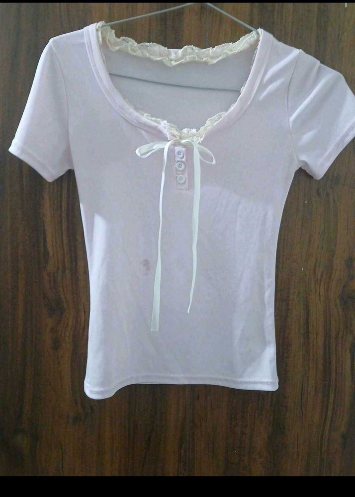 Cute Pink Lace Trimmed T-Shirt