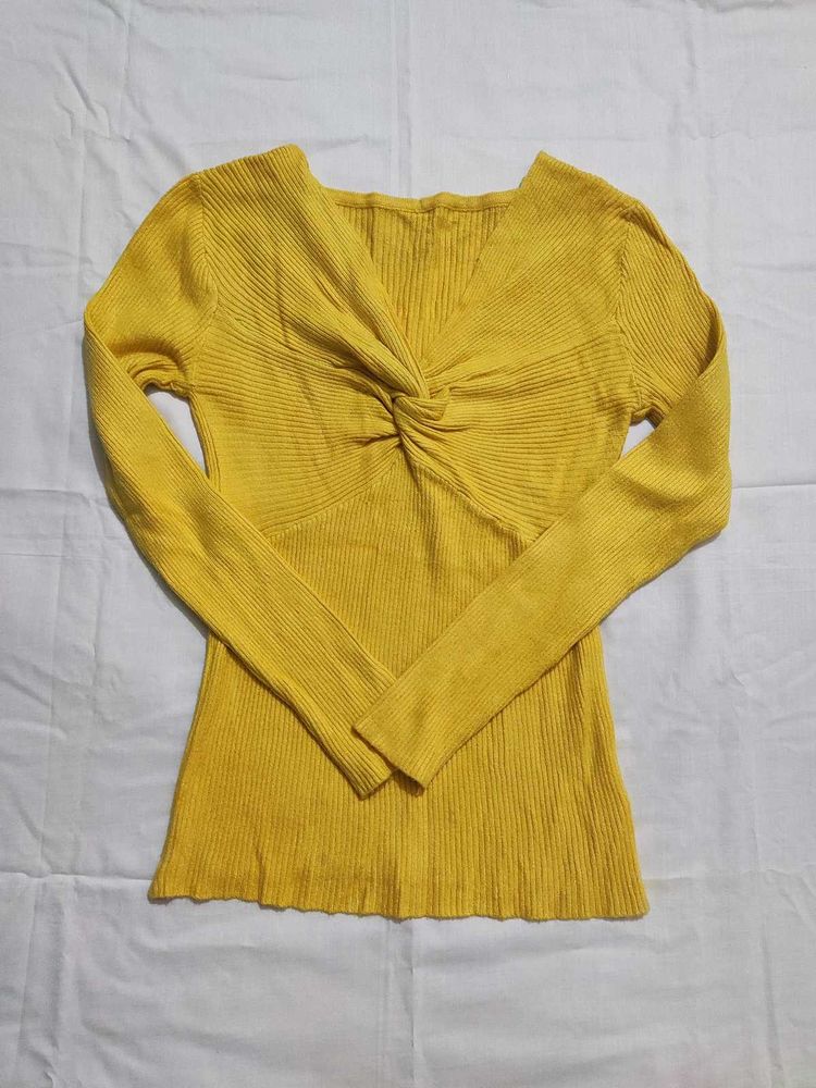Mustard Yellow Ribbed Twist Front Top