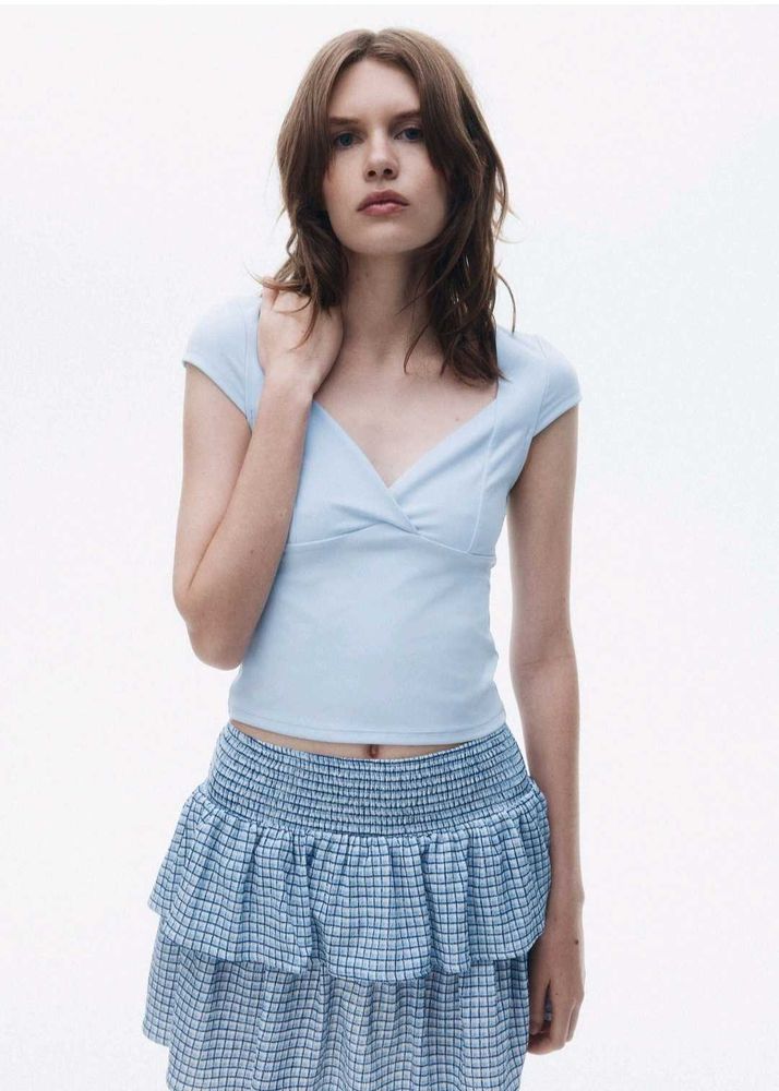 Light Blue Wrap Neck Cap Sleeve Top