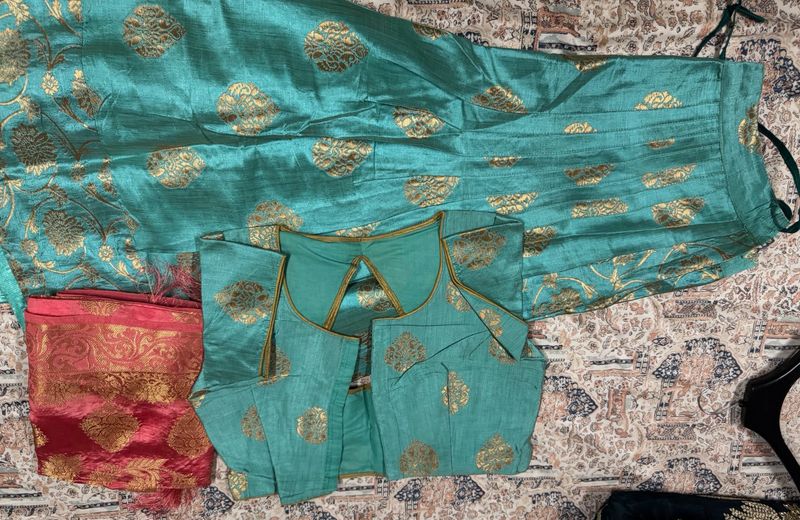 Teal Brocade Lehenga Choli Set raw silk