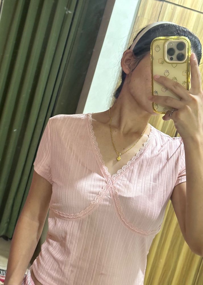Pink Ribbed Lace Trim Top