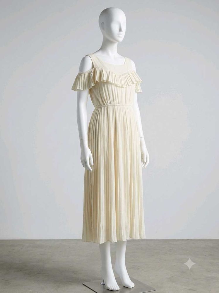 Cream Pleated Ruffle Dress