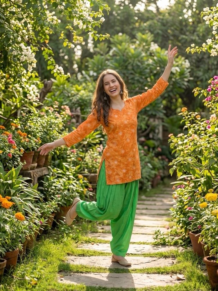 Orange Bandhani Kurta with Green patiyala