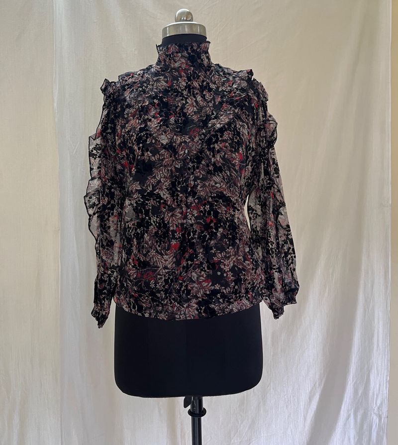 Sheer Floral Ruffle Neck Blouse