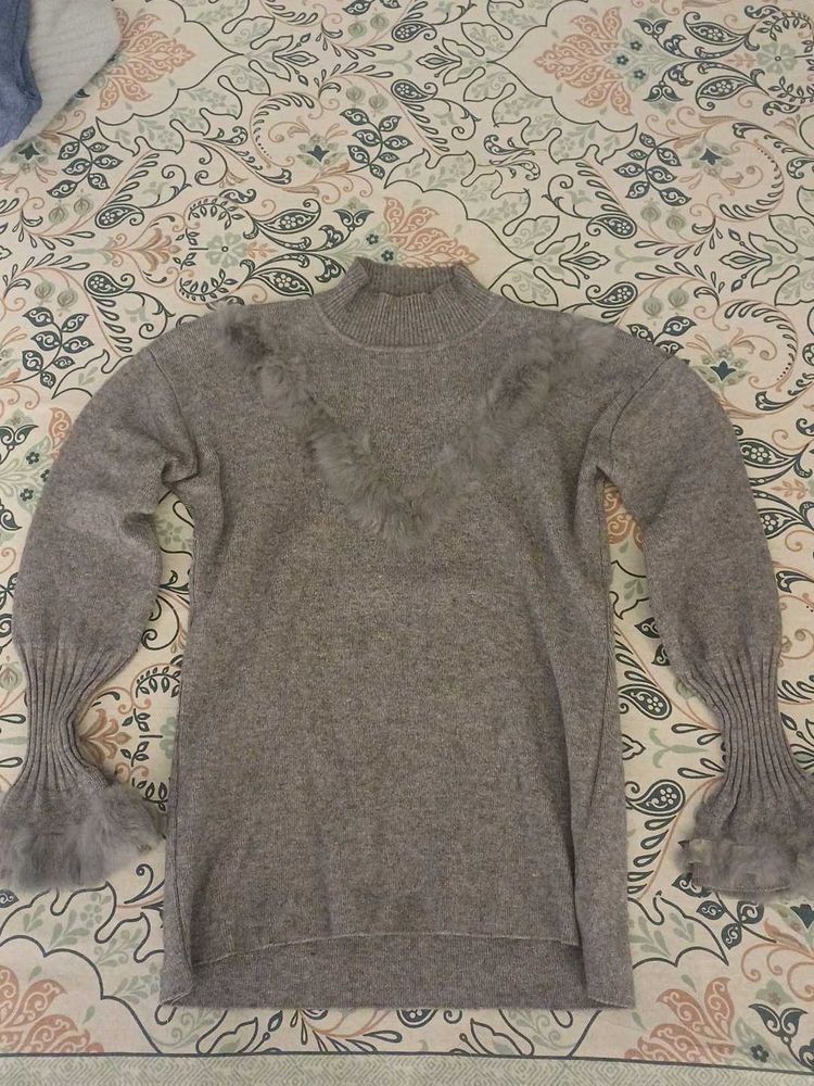 Grey Mock Neck Sweater with Feathers