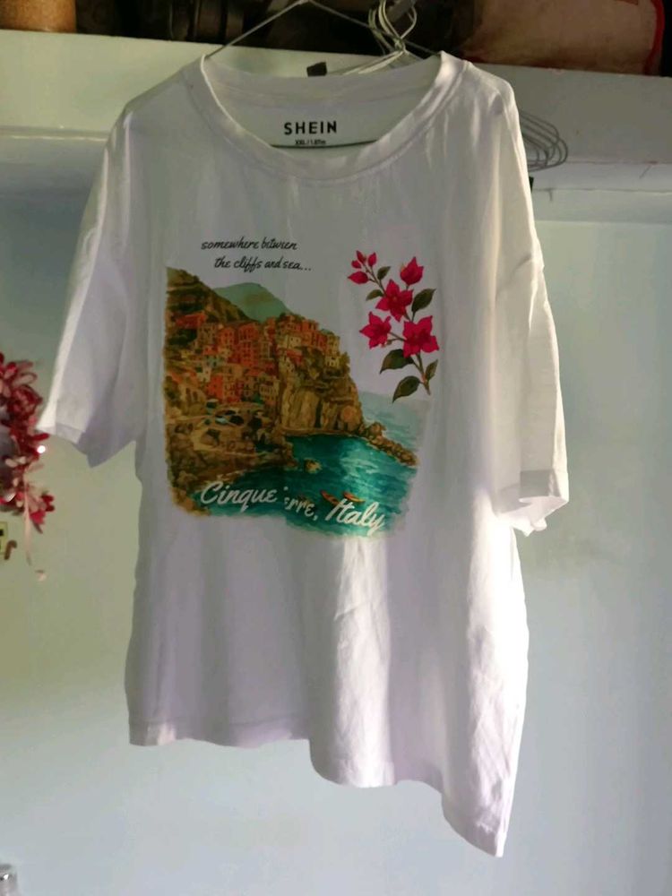 Shein White Cinqueterre Italy Graphic T-Shirt