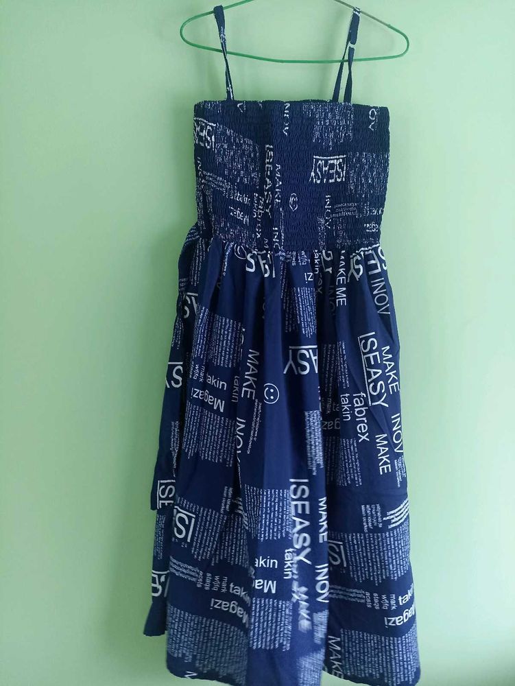 Navy Blue Graphic Print Strappy Dress