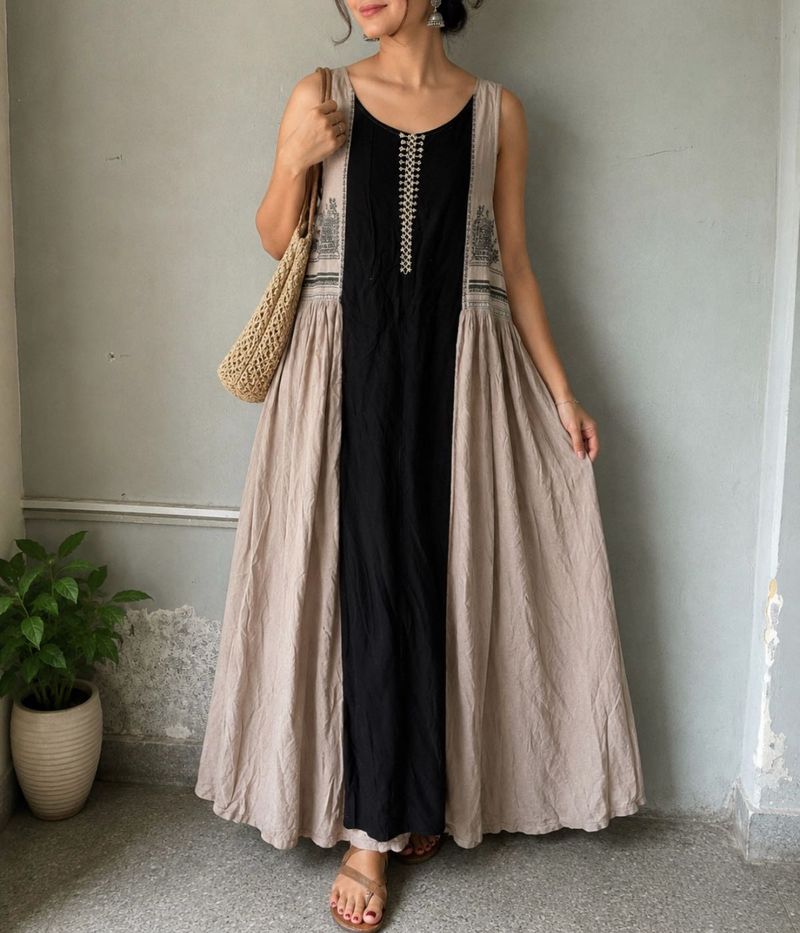 Elegant Black &amp; Beige Maxi Dress