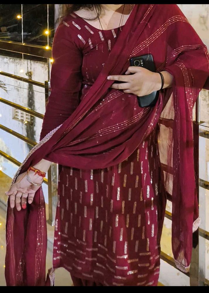 Elegant Maroon Salwar Suit Set With Sequin Work -