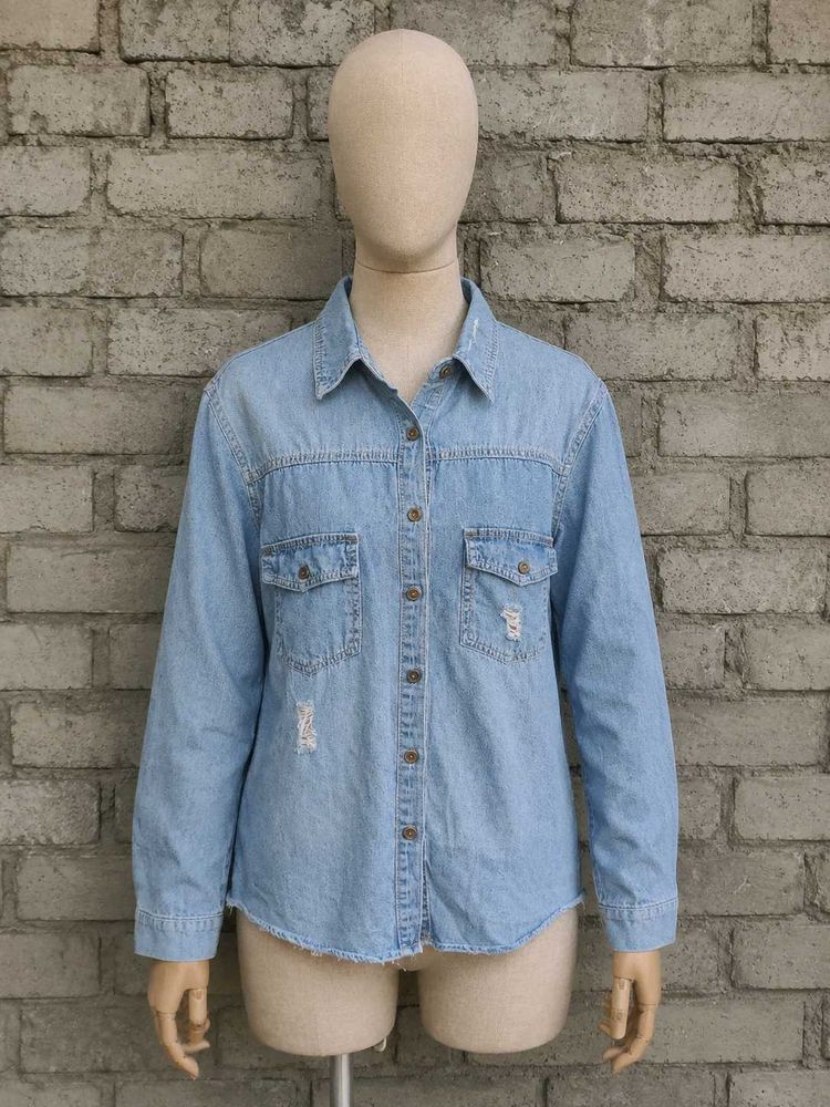 Distressed Light Wash Denim Shirt