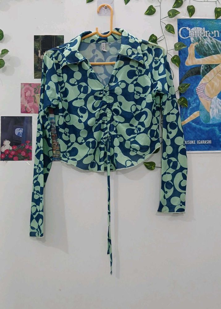 Retro Print Tie Front Top