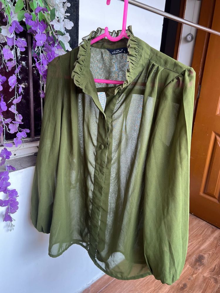 Olive Green Ruffled Blouse