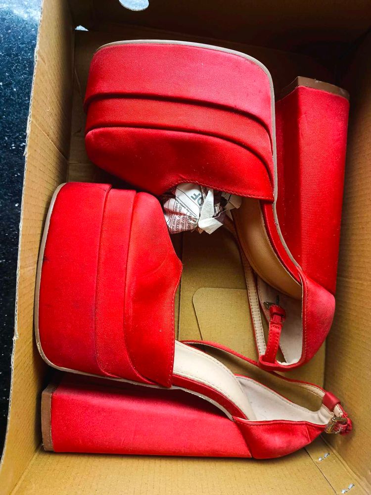 Red Satin Platform Block Heels