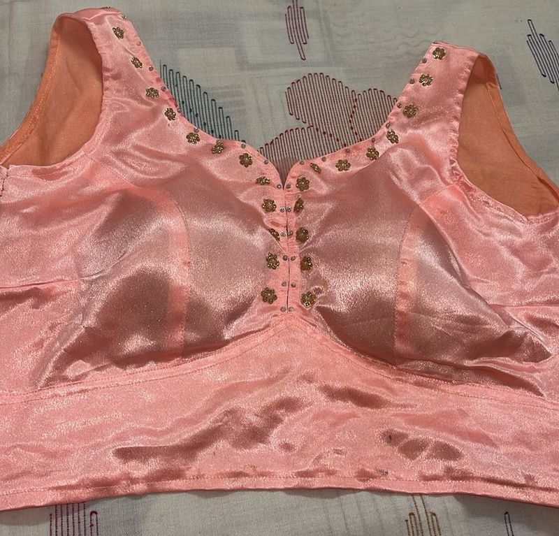 Peach Embellished V-Neck Blouse padded
