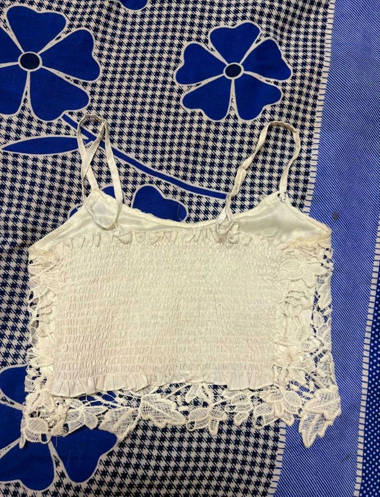 Cream Smocked Lace Trim Cami Top