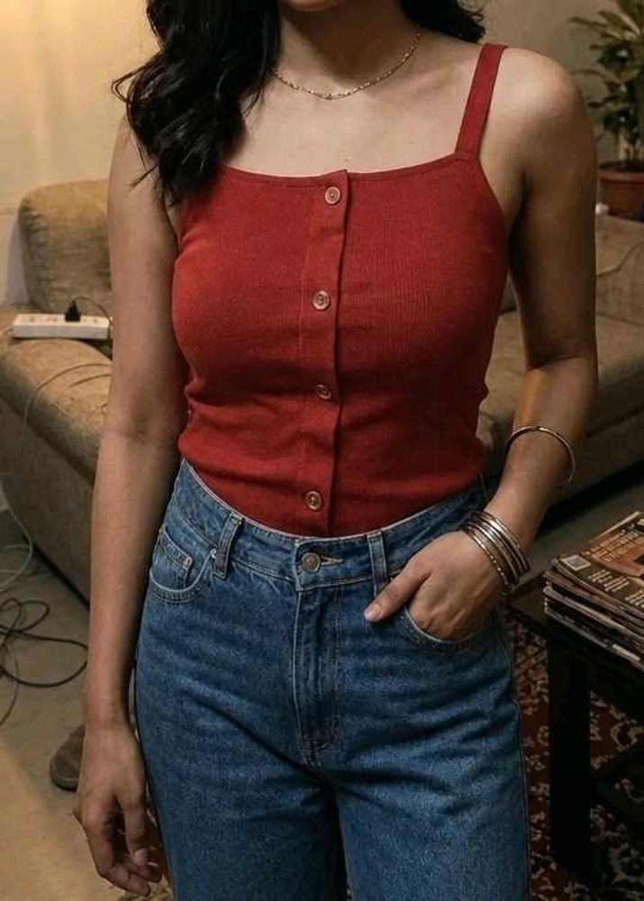 Red Button-Up Crop Top