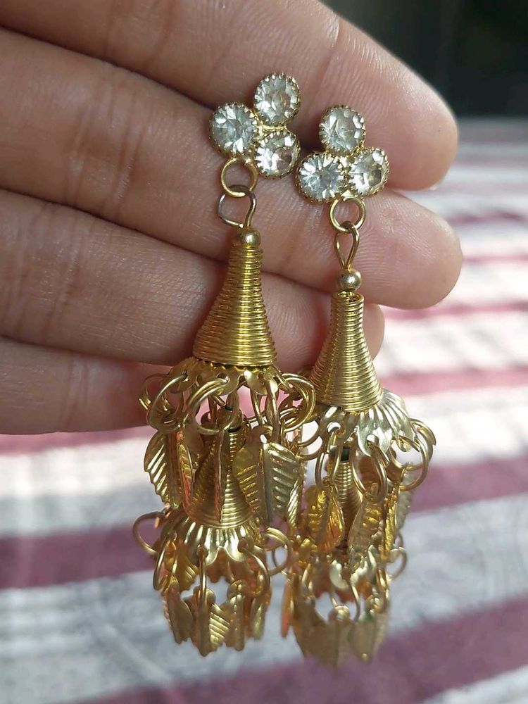 Designer Gold Tone Dangle Earrings with Rhinestone