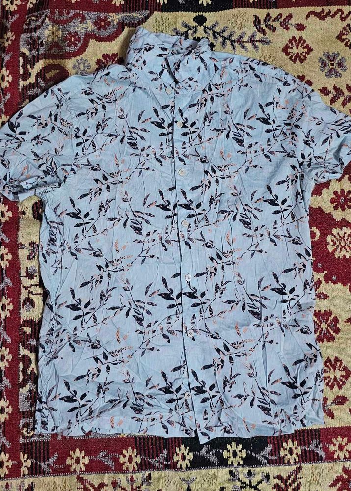 Light Blue Leaf Print Short Sleeve Shirt