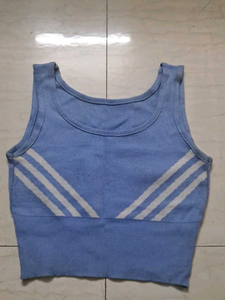 Blue Striped Knit Crop Top