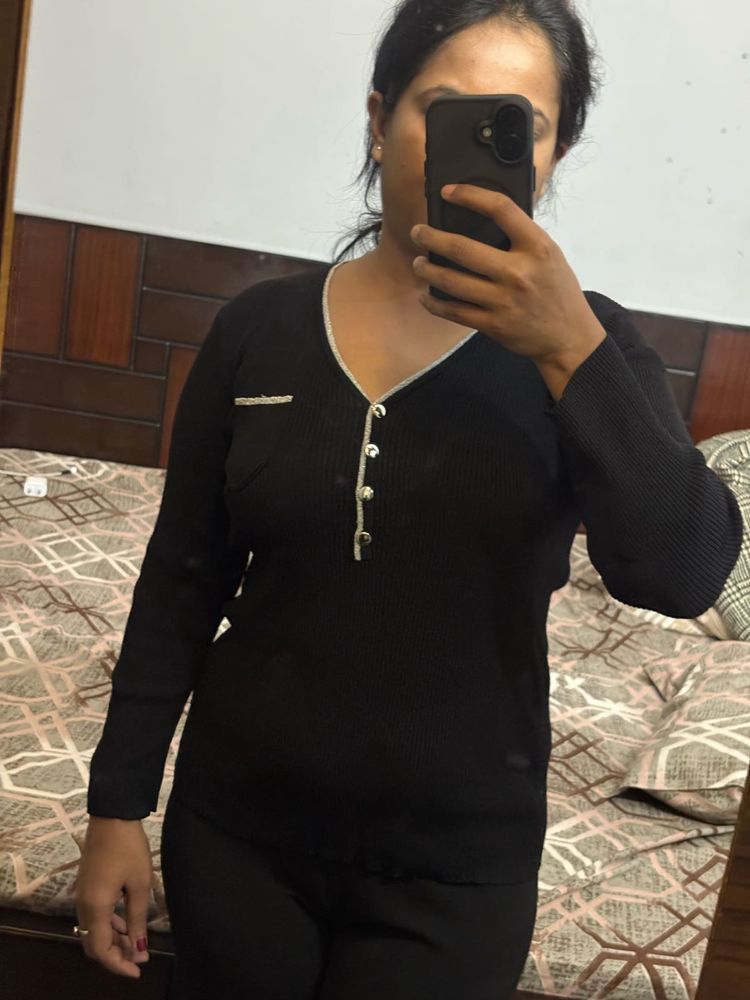 Black Button-Down V Neck Strechable Top