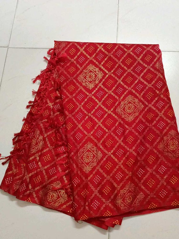 Red Saree with Golden print