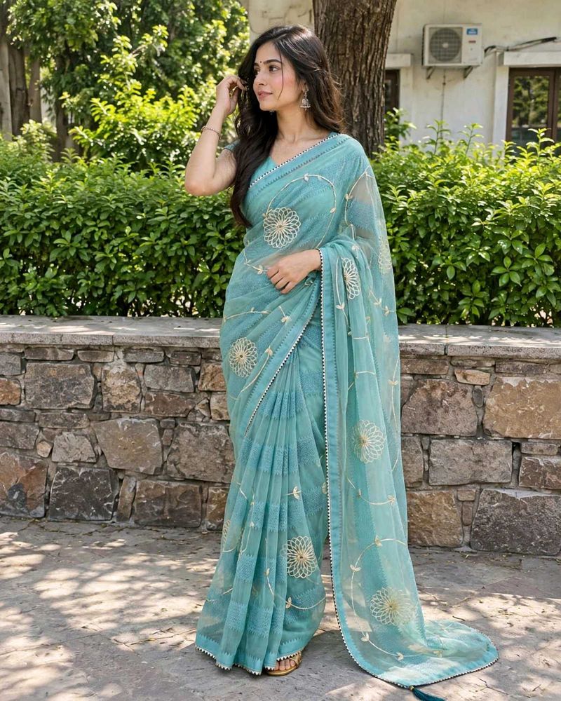 Elegant Teal Embroidered Saree