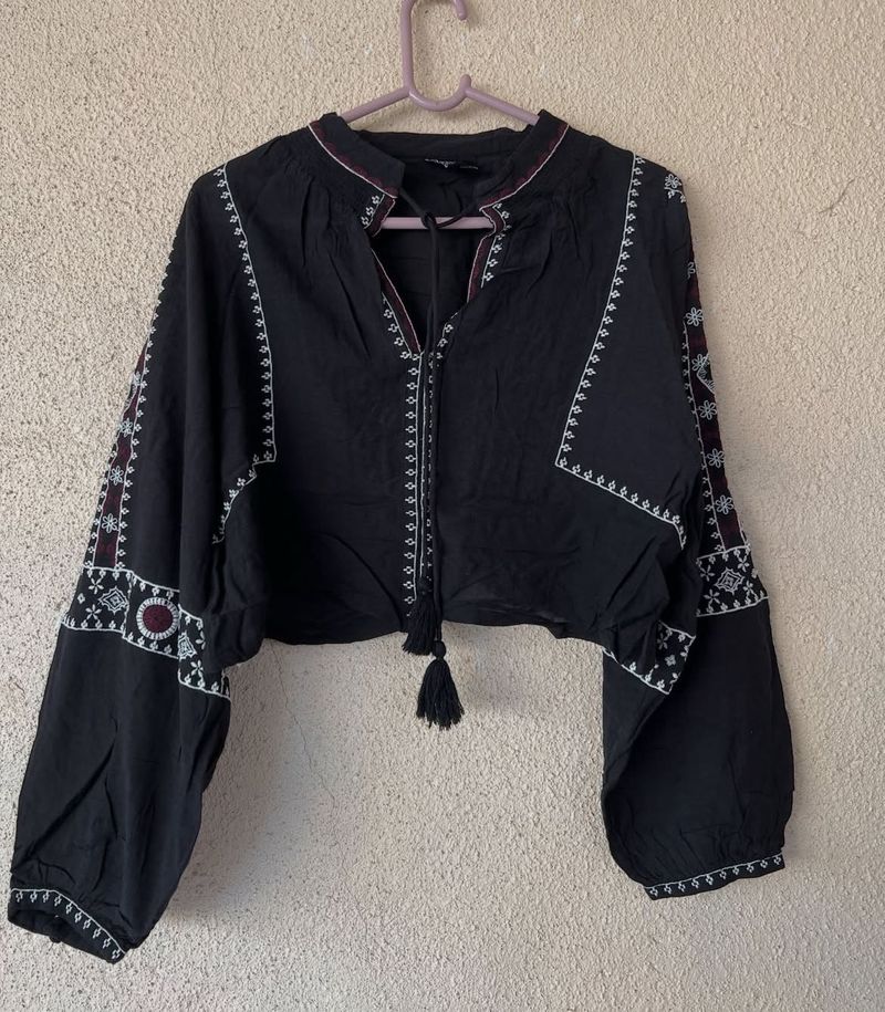 Black Embroidered Crop Top