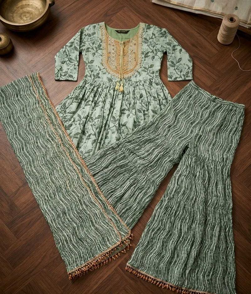 Green Printed Kurta Set with sharara and Dupatta