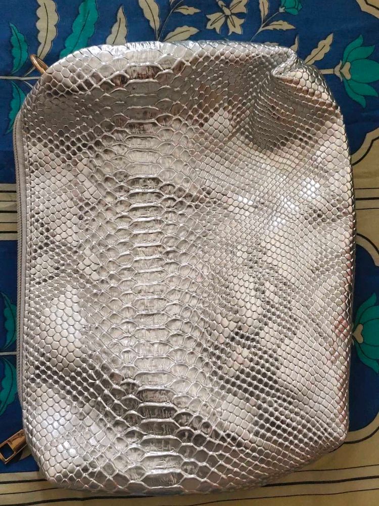 Silver Metallic Snake Print Clutch