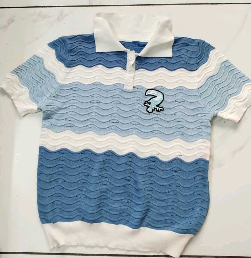 Striped Knit Polo Top