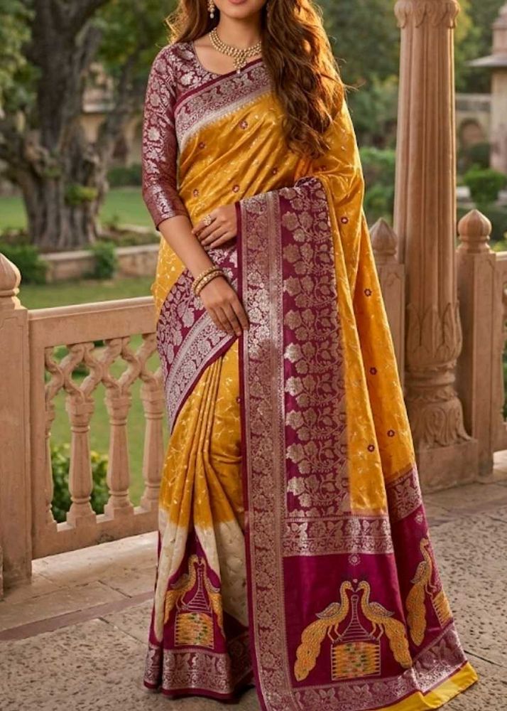 Exquisite Yellow &amp; Maroon Silk Saree