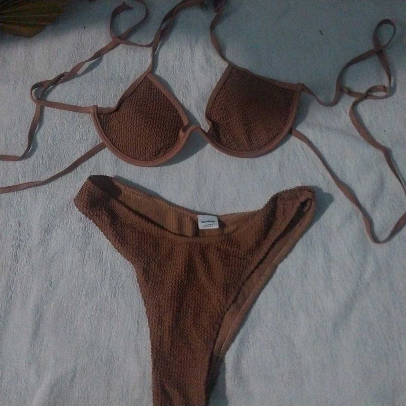 Brown Textured Bikini Set