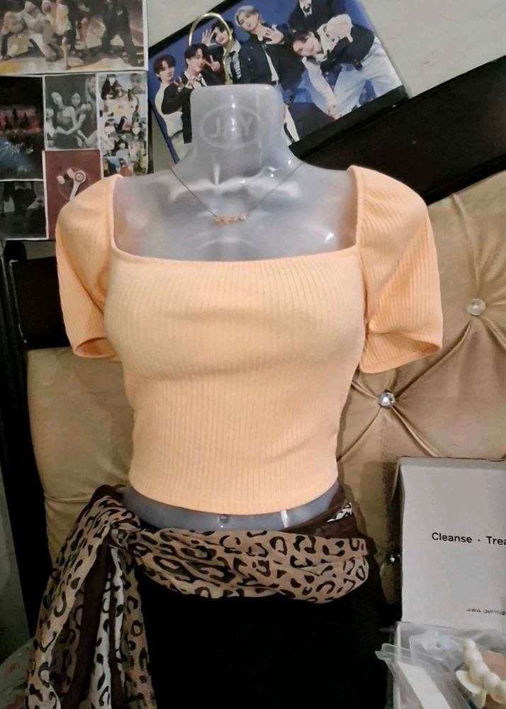 Peach Ribbed Puff Sleeve Top