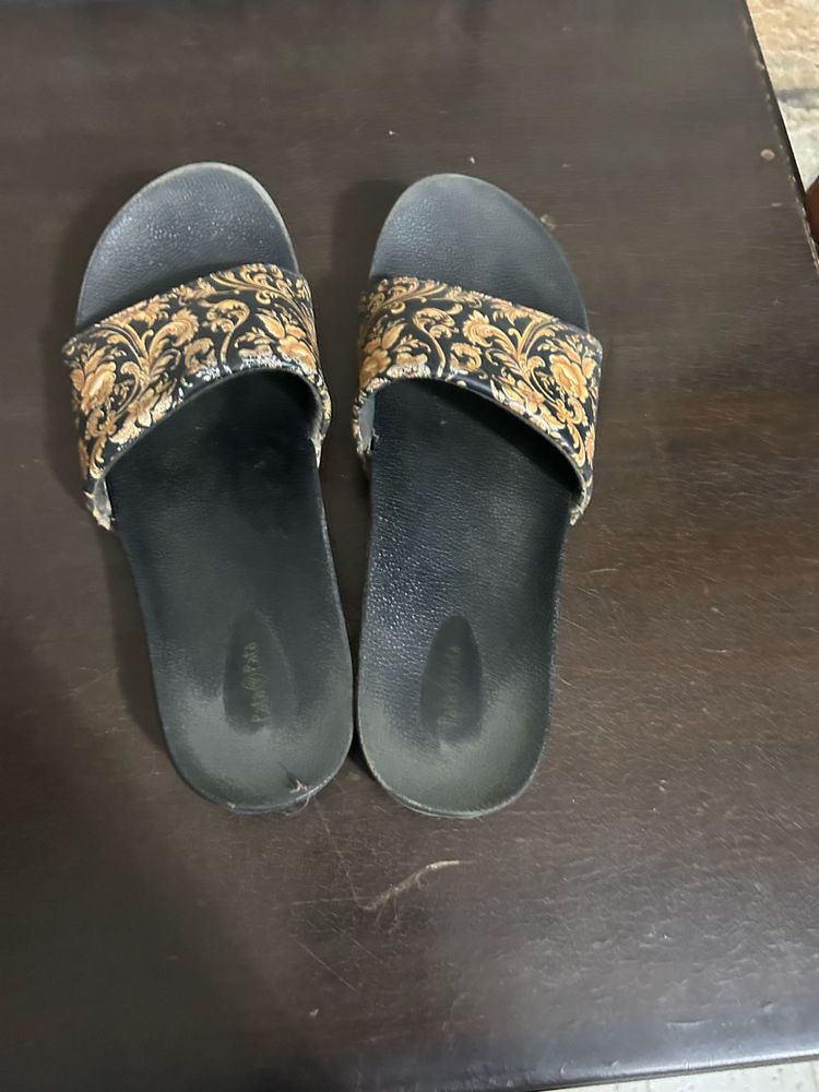 Black and Gold Patterned Slides
