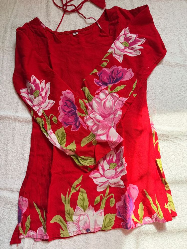 Vibrant Floral Red Kurta with tie up back
