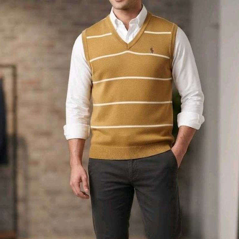 Men's Mustard Striped V-Neck Sweater Vest