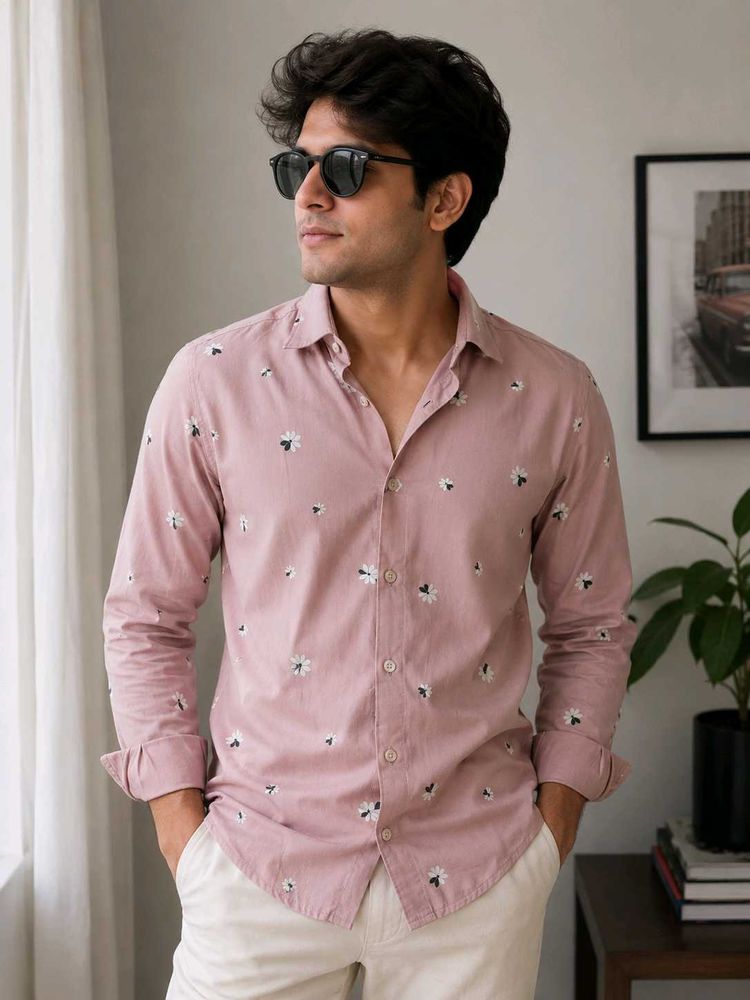 Men's Pink Floral Print Casual Shirt