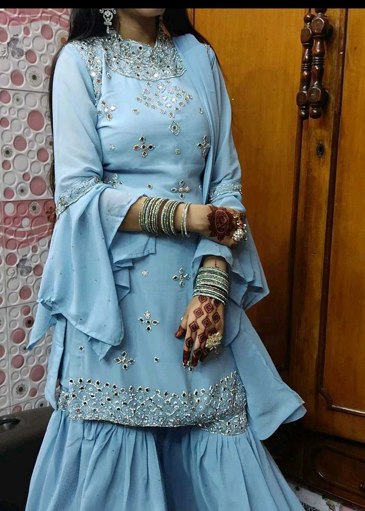 Stunning Blue Mirror Work Sharara Set