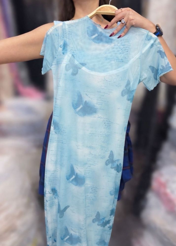 Butterfly Print Mesh Dress