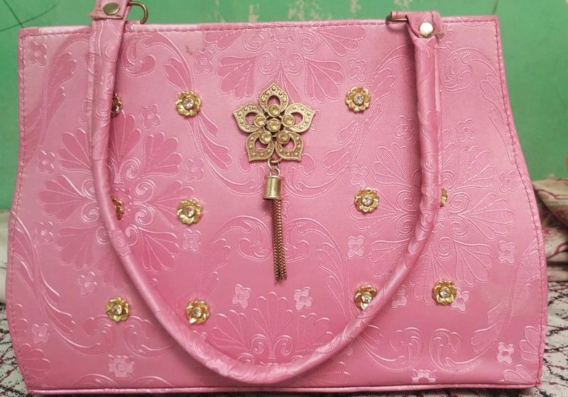 Chic Pink Floral Embellished Handbag