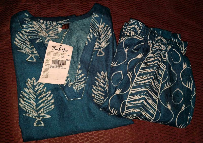 New Teal Kurta Set with Leaf Print
