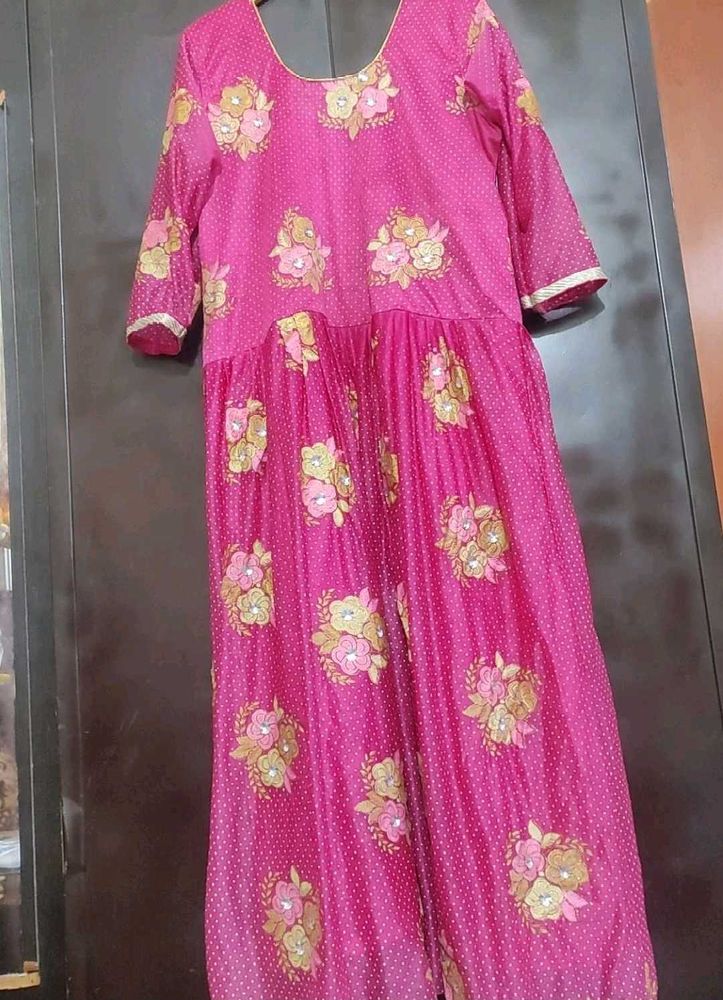 Rose Color Golden Floral Work Gown For 42 Bust